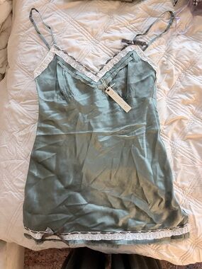 Gold Hawk 100% Silky Lace Trim Tunic Cami - Sage Green